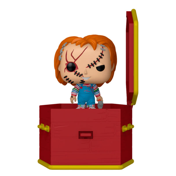 Vue de face de la figurine Pocket POPers Chucky FUNKO dans son cercueil en forme de boîte, avec détails précis et couleurs vives