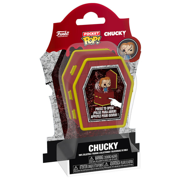 Figurine Pocket POPers Chucky FUNKO ouverte, révélant la petite figurine en vinyle de 3,8 cm prête à apparaître