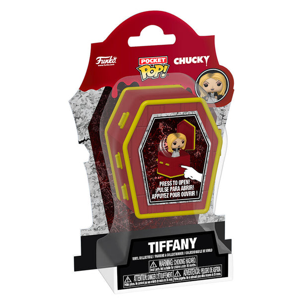 Figurine Pocket POPers Chucky Tiffany FUNKO dans un coffret en forme de cercueil, vue de face avec détails colorés