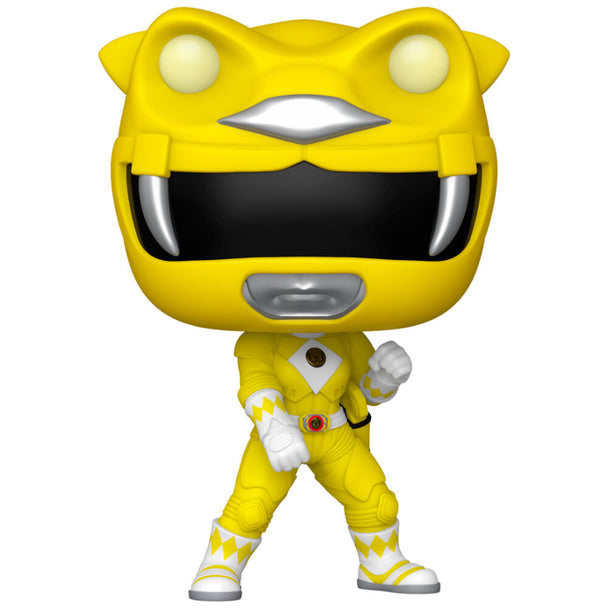 Zoom sur la figurine Funko POP Yellow Ranger en vinyle avec détails précis et couleurs vives