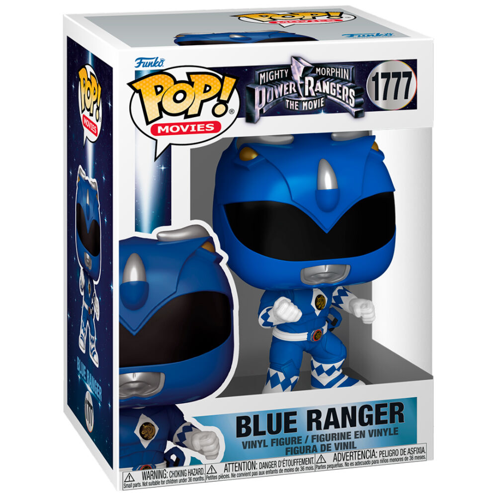 Vue rapprochée de la figurine Funko POP Blue Ranger avec détails précis et couleurs vives