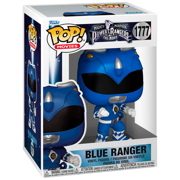 Vue rapprochée de la figurine Funko POP Blue Ranger avec détails précis et couleurs vives