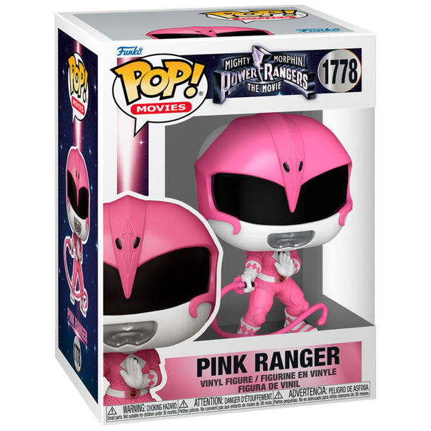 Vue rapprochée de la figurine Funko POP Pink Ranger avec détails précis et couleurs vives sur fond blanc