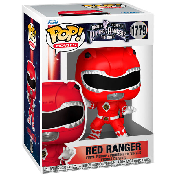 Vue rapprochée de la figurine Funko POP Red Ranger avec détails précis et couleurs vives