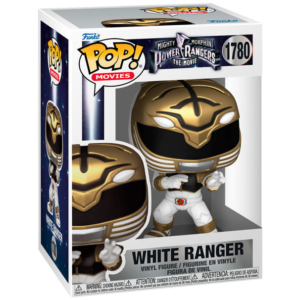 Vue rapprochée de la figurine Funko POP White Ranger avec détails précis de son costume et casque iconique.