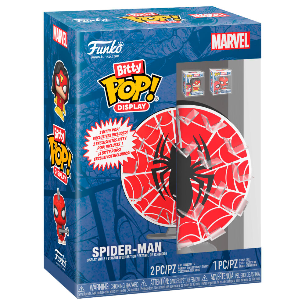 Vue rapprochée du display Bitty POP Spider-Man Marvel montrant la figurine vinyle et le support acrylique