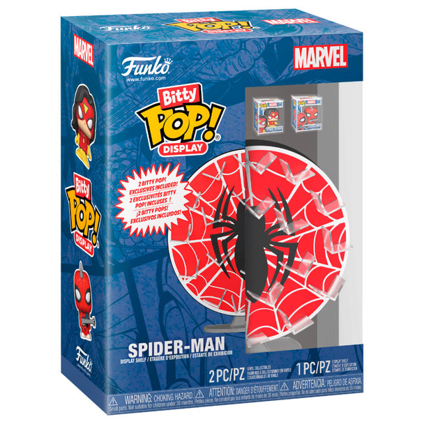 Vue rapprochée du display Bitty POP Spider-Man Marvel montrant la figurine vinyle et le support acrylique