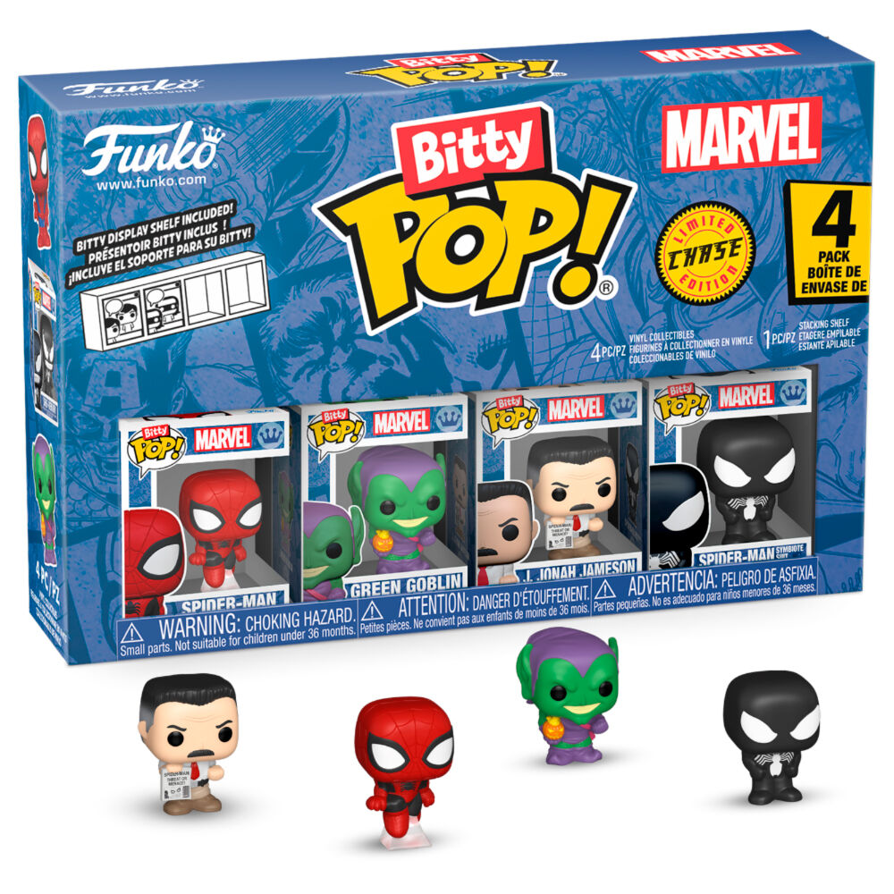 Zoom sur une figurine rare Bitty POP Marvel Spider-Man dans son boîtier acrylique avec socle amovible