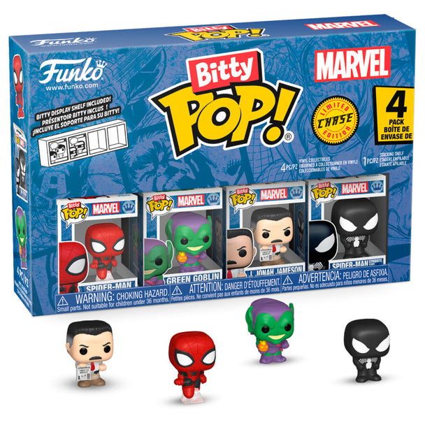 Zoom sur une figurine rare Bitty POP Marvel Spider-Man dans son boîtier acrylique avec socle amovible