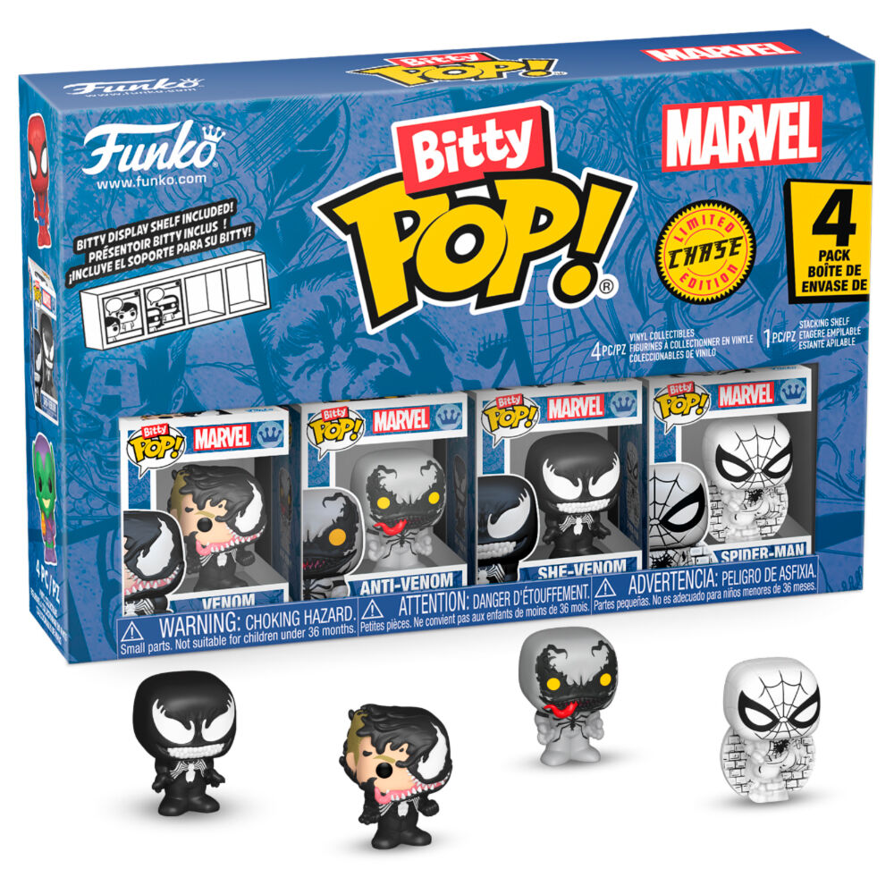 Vue rapprochée des figurines Bitty POP Marvel Spider-Man, Venom et figurine mystère dans leur emballage