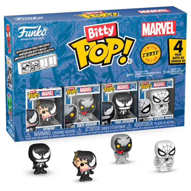 Vue rapprochée des figurines Bitty POP Marvel Spider-Man, Venom et figurine mystère dans leur emballage