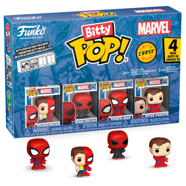 Zoom sur les détails des figurines Bitty POP Spider-Man Parker Split avec finitions colorées et design fidèle à Marvel
