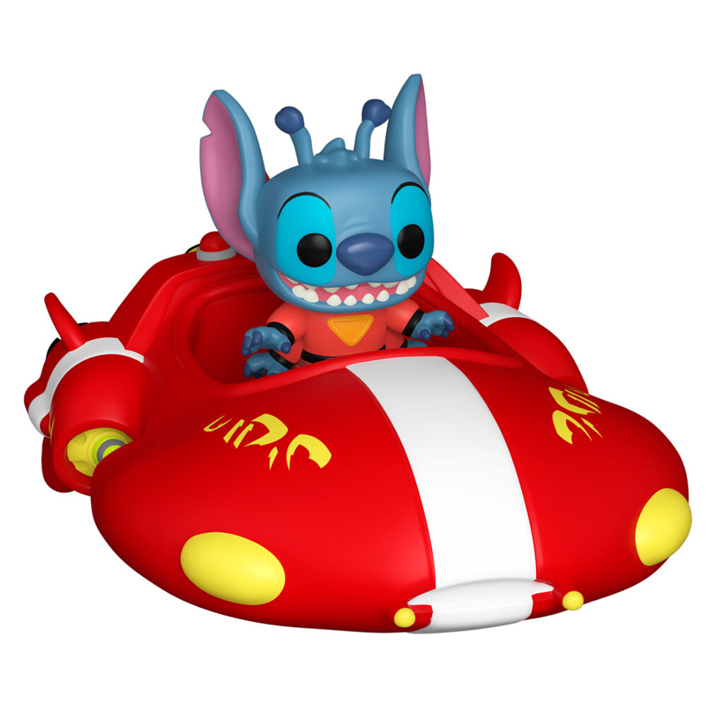 Figurine Stitch assise dans le Bitty POP Ride Red One trolley, vue de côté avec détails colorés