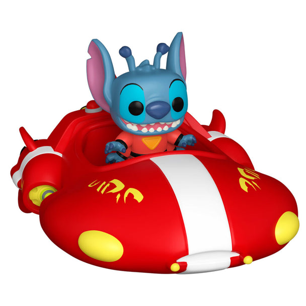 Figurine Stitch assise dans le Bitty POP Ride Red One trolley, vue de côté avec détails colorés