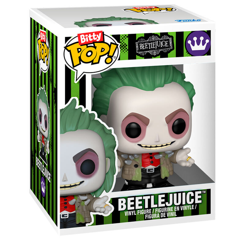 Vue rapprochée de la figurine Beetlejuice Bitty POP FUNKO mesurant environ 5,1 cm, parfaite pour collection.