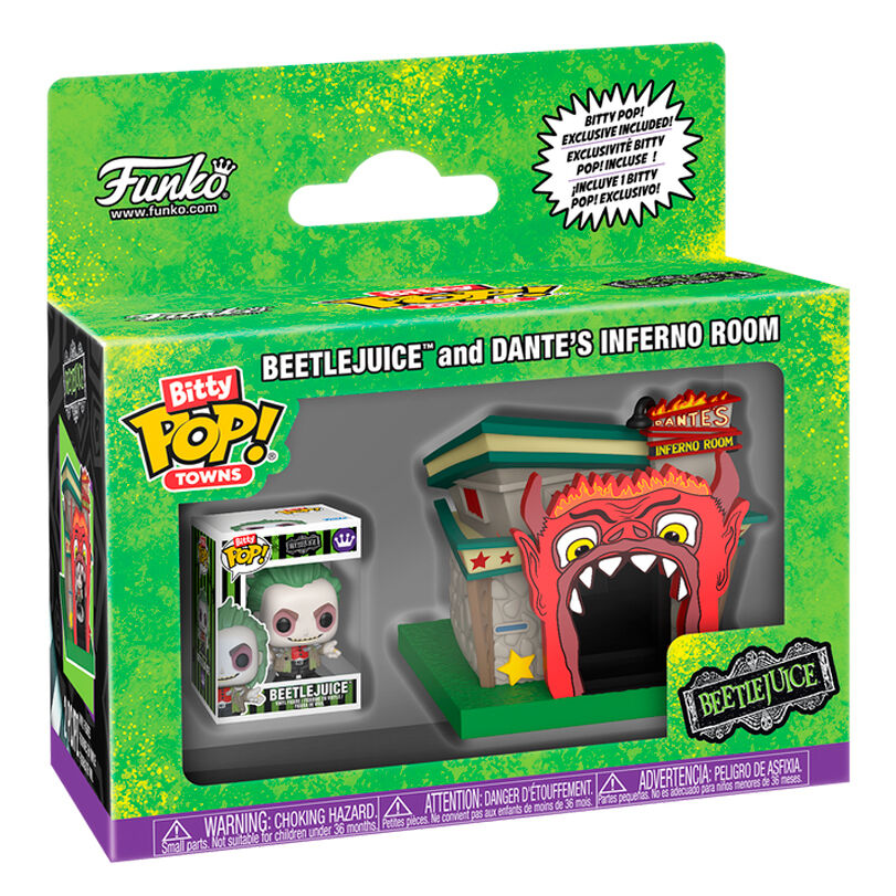Détail de la figurine Beetlejuice Bitty POP avec socle acrylique amovible, prêt à être exposé hors de son étui.