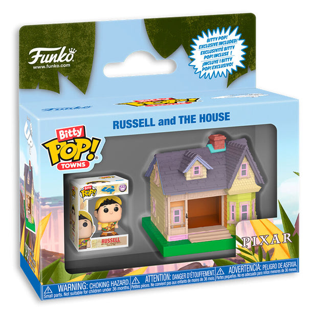 Vue rapprochée de la figurine Bitty POP Russel avec son socle amovible en acrylique, détails colorés et finition brillante