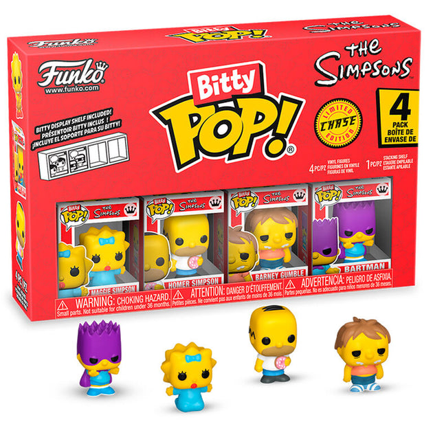 Blister de 4 figurines Bitty POP The Simpsons avec Maggie et une figurine rare dans un boîtier acrylique transparent