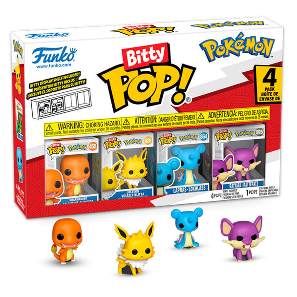 Blister contenant 4 figurines Bitty POP Pokémon Charmander dans des coffrets acryliques transparents avec couvercles amovibles