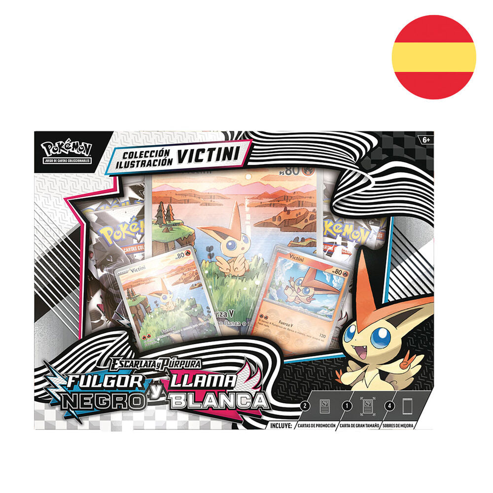 Blister de cartes Pokémon édition espagnole avec Victini Noir Fulgor et Blanc Flamme, incluant boosters et cartes promo