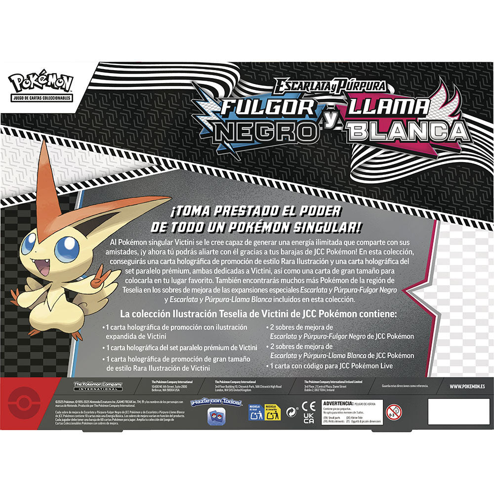 Vue rapprochée des cartes promotionnelles Victini Noir Fulgor et Blanc Flamme du set Pokémon en espagnol