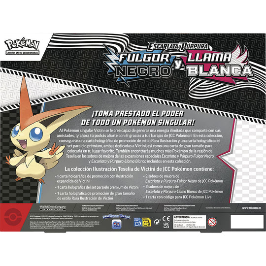 Vue rapprochée des cartes promotionnelles Victini Noir Fulgor et Blanc Flamme du set Pokémon en espagnol