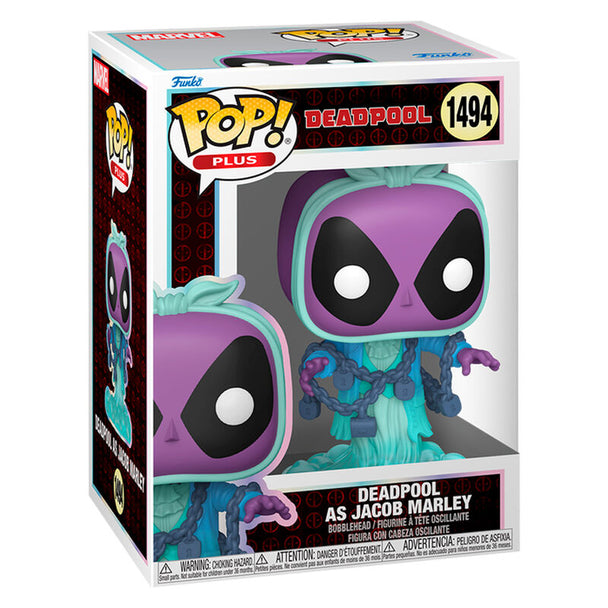 Vue détaillée de la figurine Funko POP Deadpool as Jacob Marley avec son design unique et boîte d'origine