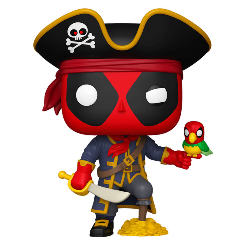 Figurine Funko POP Deadpool en costume de Long John Silver, 9 cm, présentée dans sa boîte cadeau Marvel.