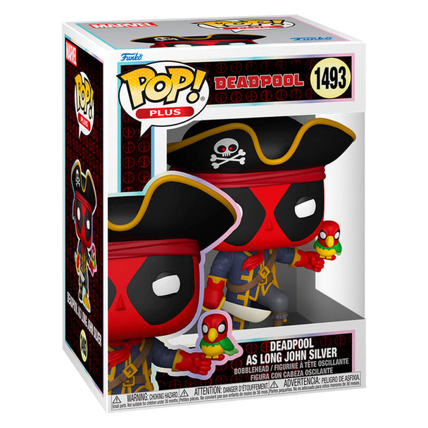Vue rapprochée de la figurine Deadpool Long John Silver Funko POP avec détails du vinyle et emballage collector.