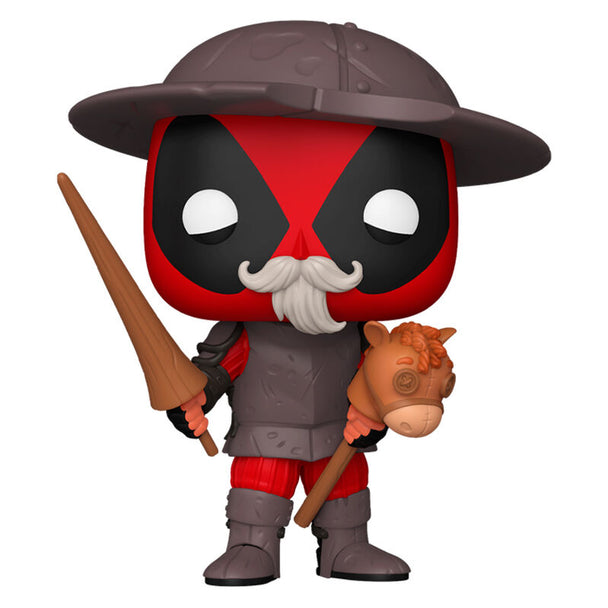 Figurine Funko POP Deadpool en costume de Don Quichotte vue de face dans sa boîte cadeau