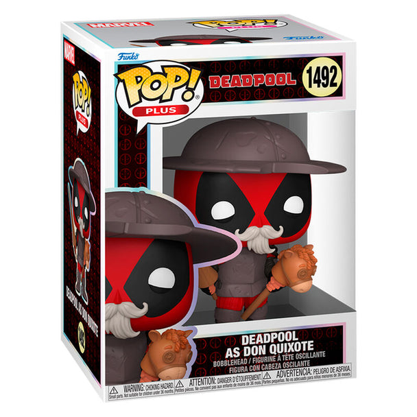 Détail de la figurine Funko POP Deadpool Don Quichotte montrant les couleurs vives et le design vinyle
