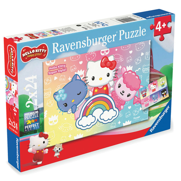 Puzzle Hello Kitty Ravensburger 2x24 pièces, image du puzzle terminé montrant Hello Kitty dans un décor coloré, idéal pour les enfants.
