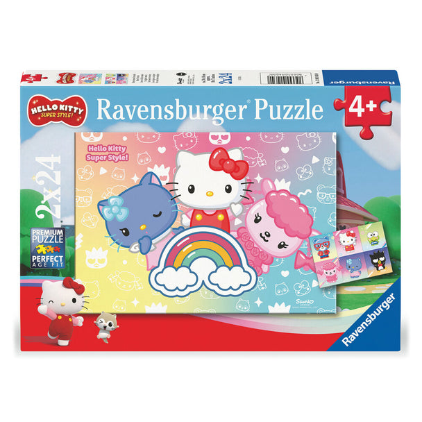 Boîte du puzzle Hello Kitty Ravensburger 2x24 pièces, mettant en avant la marque, le personnage Hello Kitty et l'âge recommandé de 4 ans et plus.