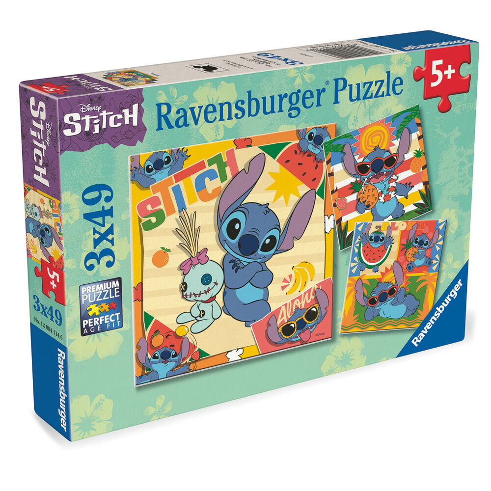 Boîte du puzzle RAVENSBURGER Disney Stitch avec les trois puzzles de 39 pièces chacun, adaptée aux enfants dès 5 ans.