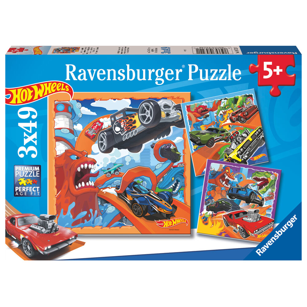 Puzzle Hot Wheels Ravensburger 3x39 pièces pour enfants dès 5 ans, dimensions 21x21 cm.