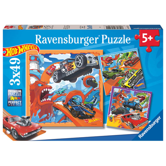 Puzzle Hot Wheels Ravensburger 3x39 pièces pour enfants dès 5 ans, dimensions 21x21 cm.