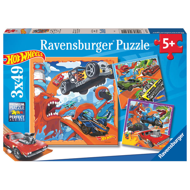 Puzzle Hot Wheels Ravensburger 3x39 pièces pour enfants dès 5 ans, dimensions 21x21 cm.