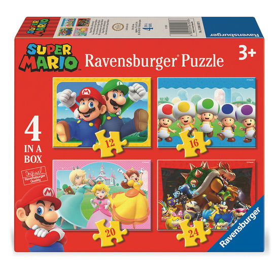 Image du puzzle Super Mario Bros Ravensburger avec 12 pièces colorées et personnages emblématiques