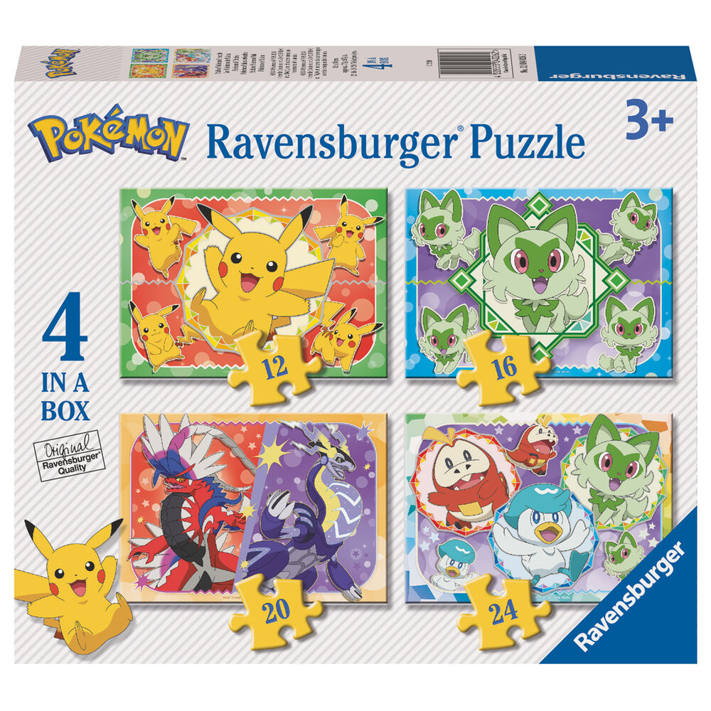 Puzzle Pokémon RAVENSBURGER avec différentes pièces colorées, idéal pour enfants dès 3 ans.