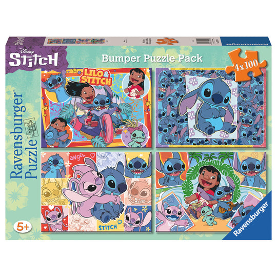 Puzzle Disney Stitch de Ravensburger avec 4 puzzles de 100 pièces, adapté aux enfants dès 5 ans, dimensions 36x26 cm.