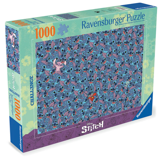 Puzzle Disney Stitch de 1000 pièces assemblé montrant le personnage Stitch dans des couleurs vives sur fond bleu