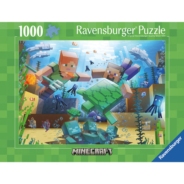 Image du puzzle Minecraft 1000 pièces Ravensburger montrant l'emballage coloré et les détails du produit