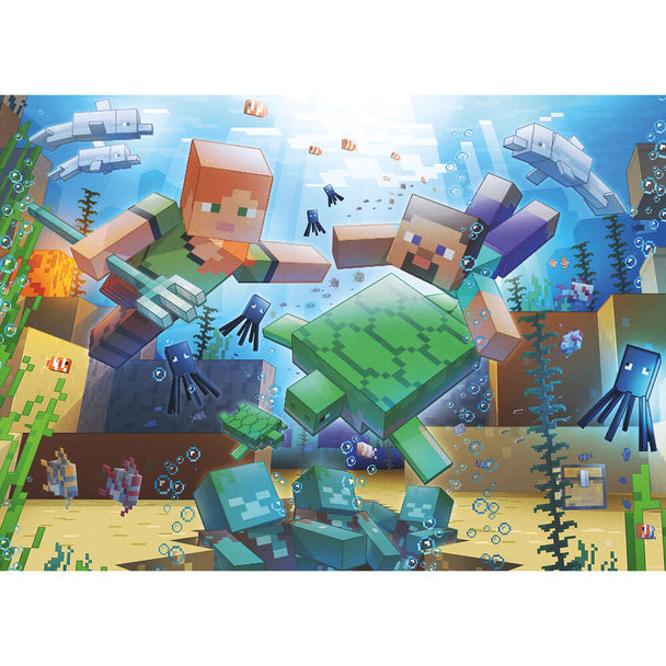 Puzzle Minecraft assemblé de 70x50 cm illustrant le célèbre univers pixelisé du jeu vidéo