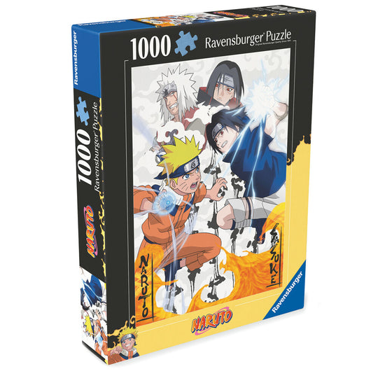 Puzzle Naruto Shippuden 1000 pièces Ravensburger, montrant une scène d'action avec Naruto et ses coéquipiers, couleurs vives et détails précis.