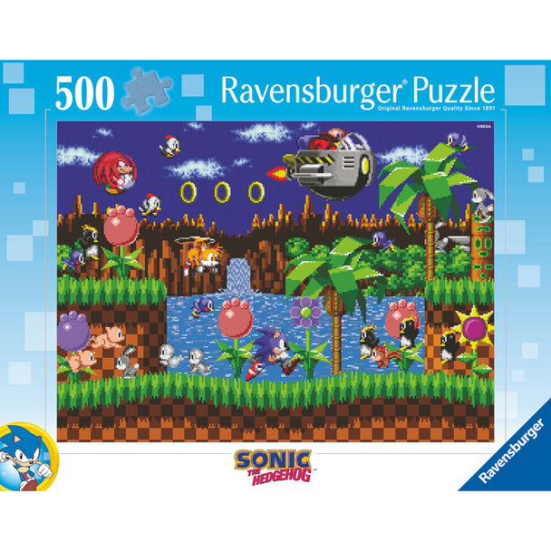 Image du puzzle Sonic the Hedgehog 500 pièces montrant l'emballage officiel de RAVENSBURGER avec le hérisson bleu en action