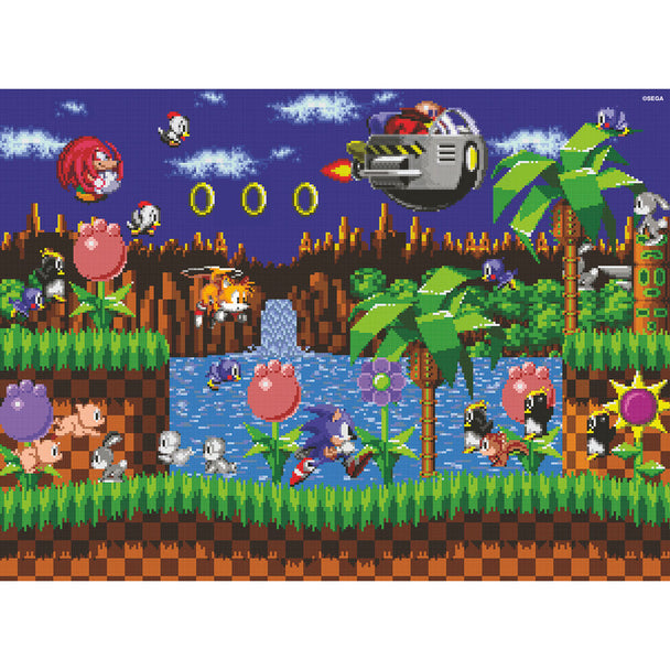 Photo détaillée des pièces du puzzle Sonic the Hedgehog éparpillées avant assemblage, mettant en valeur les couleurs vives