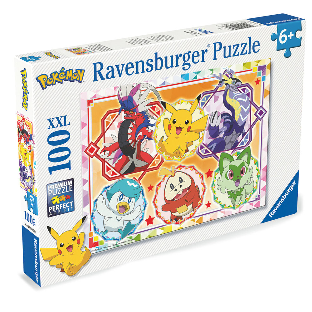 Puzzle Pokémon XXL 100 pièces de Ravensburger avec image colorée et détaillée, dimensions 49x36 cm