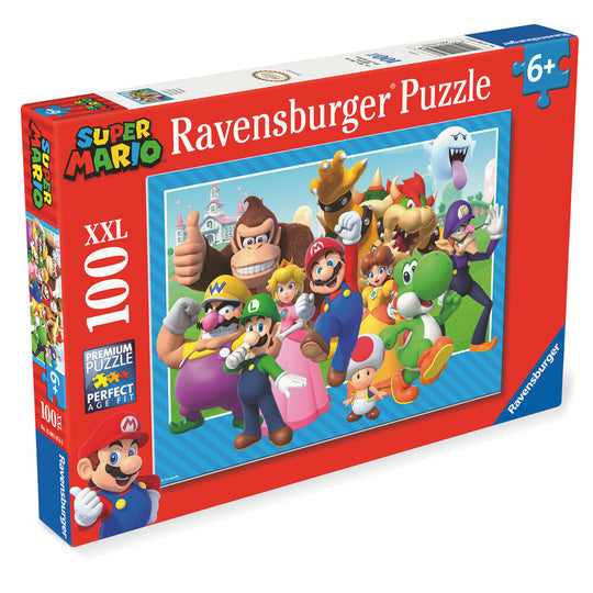 Puzzle Super Mario Bros XXL 100 pièces assemblé montrant un paysage coloré du jeu vidéo, dimensions 49x36 cm