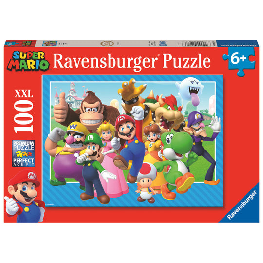 Boîte du puzzle RAVENSBURGER Super Mario Bros XXL avec illustration du jeu et indication de 100 pièces pour enfants dès 6 ans