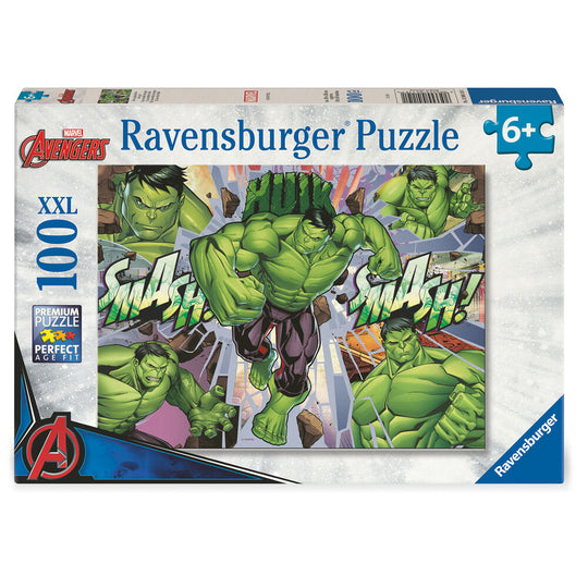 Image du puzzle Marvel Hulk XXL de 100 pièces assemblé montrant Hulk en action sur fond vert